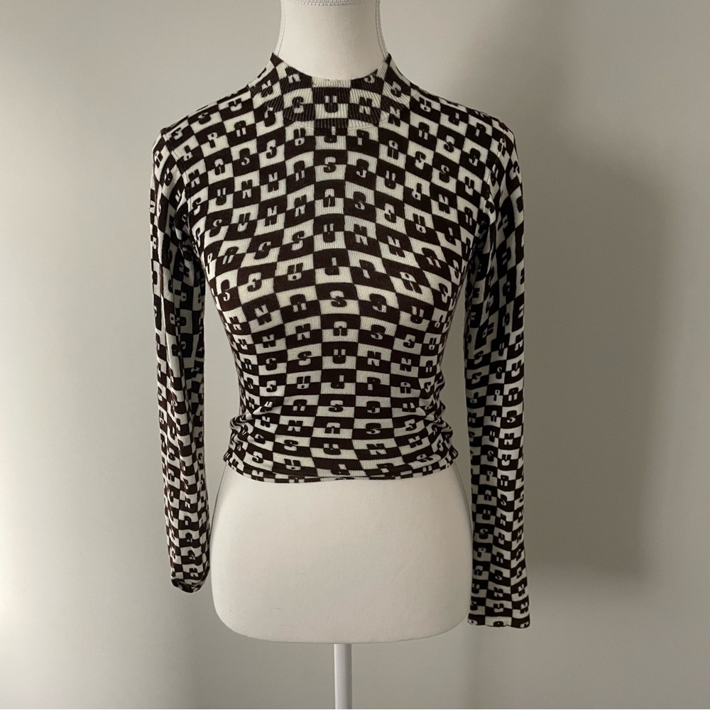 Pacsun Retro Brown and White Checkered Letter Pattern Mock Neck Crop Top XS